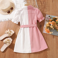 Girls Pink White Colourblocked Puff Sleeve Shirt Dress Casual Dresses