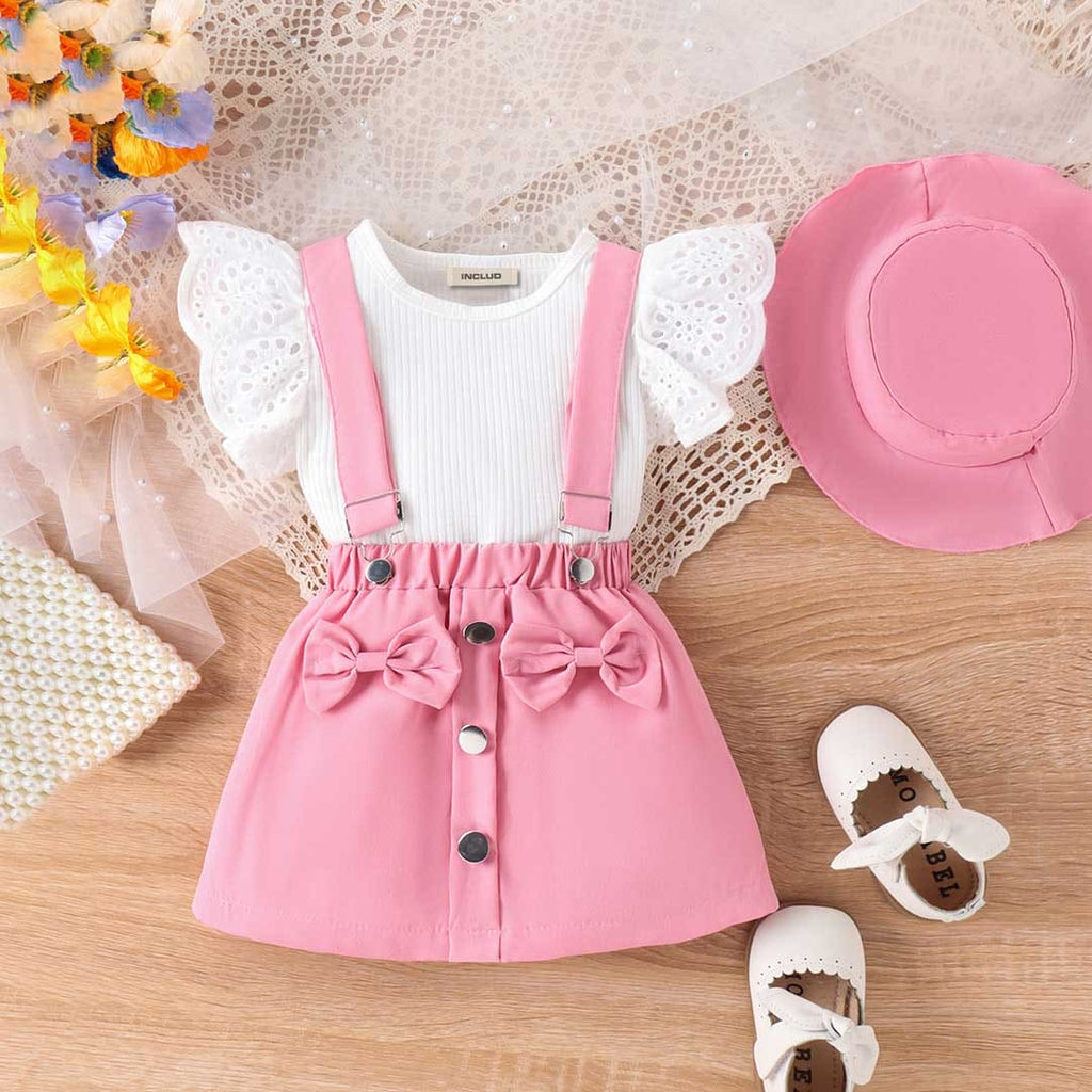 Girls Flared Sleeve Top With Suspender Skirt & Hat Set