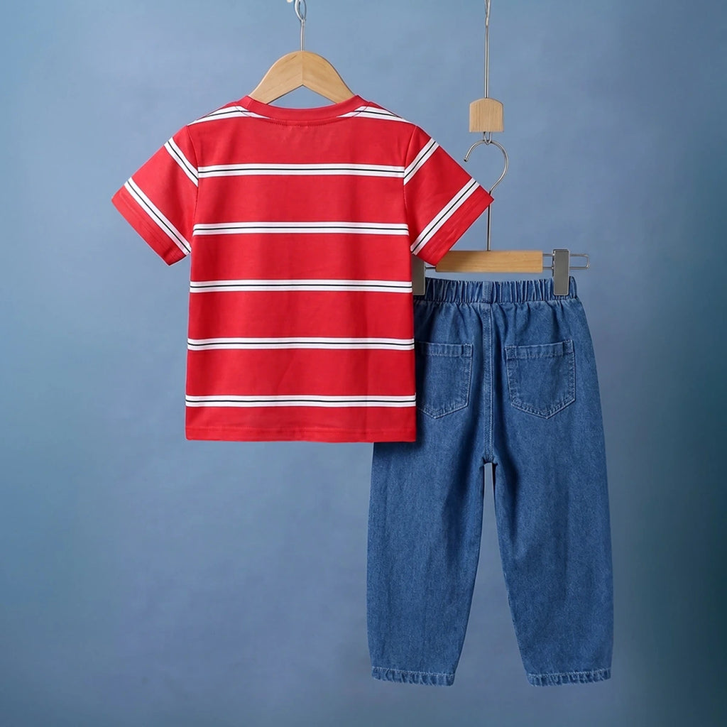 Boys Red Striped Alphanumeric Print T-Shirt With Denim Jeans 2 pc. Sets