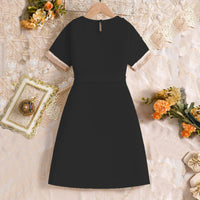 Girls Black Short Sleeves V-Neck A-Line Dress Casual Dresses