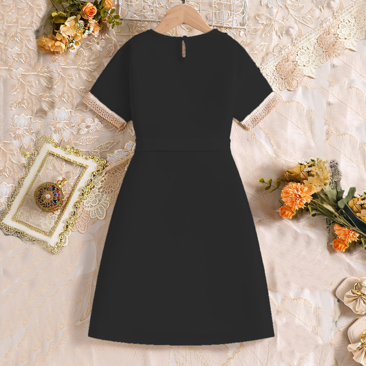Girls Black Short Sleeves V-Neck A-Line Dress Casual Dresses