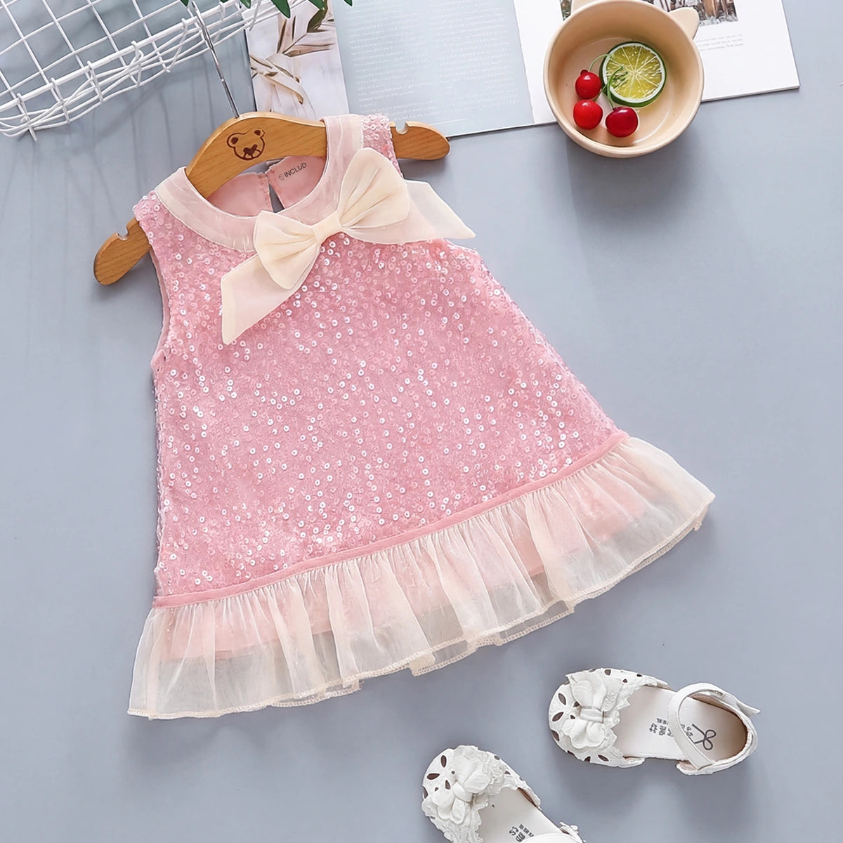 Girls Pink Sequined Sleveless A-Line Dress With Bow Detail Casual Dresses Pink 1-2 Y