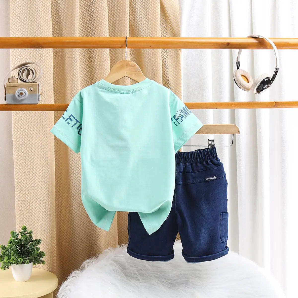 Boys Green Printed Short Sleeve T-Shirt With Denim Shorts Sets 2 pc. Sets