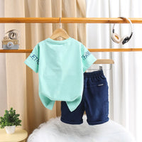 Boys Green Printed Short Sleeve T-Shirt With Denim Shorts Sets 2 pc. Sets