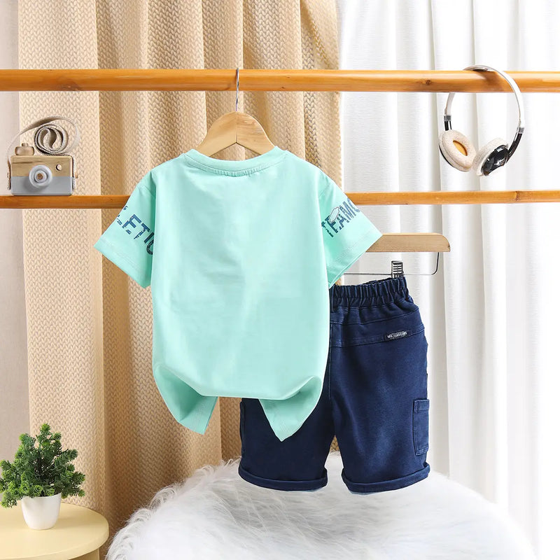 Boys Green Printed Short Sleeve T-Shirt With Denim Shorts Sets 2 pc. Sets
