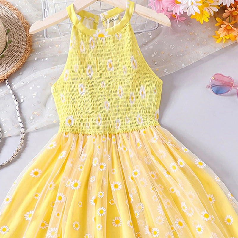 Girls Yellow Floral Print Sleeveless Fit & Flare Dress Casual Dresses