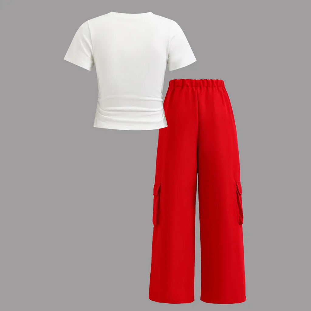 Girls Red Star Graphic Round Neck T-Shirt with Cargo Pants Sets Sets