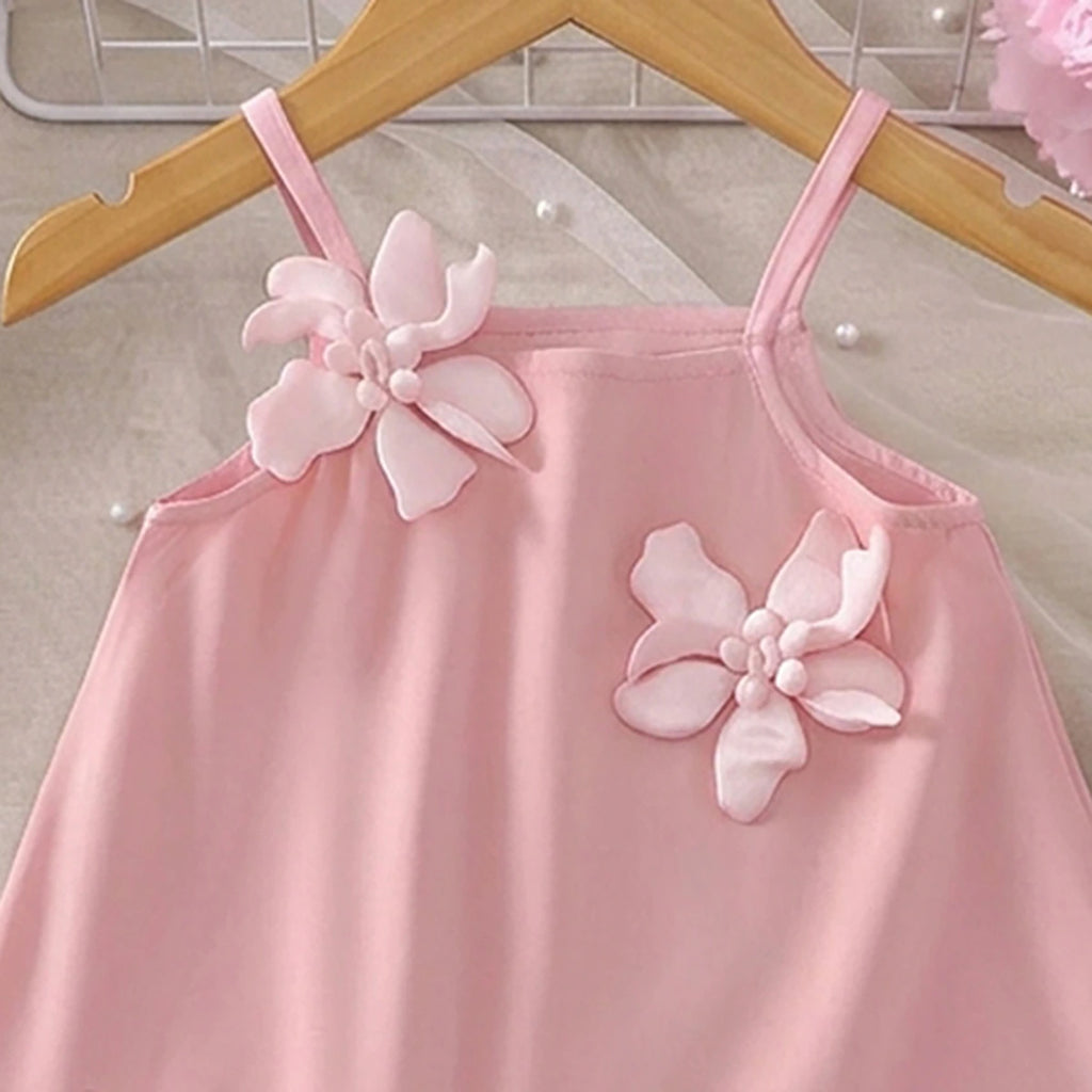 Girls Pink Sleeveless Floral Applique A-line Dress Casual Dresses