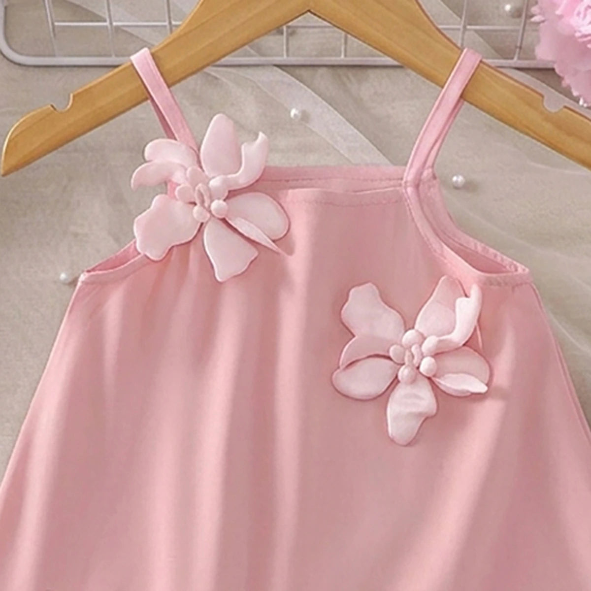 Girls Pink Sleeveless Floral Applique A-line Dress Casual Dresses