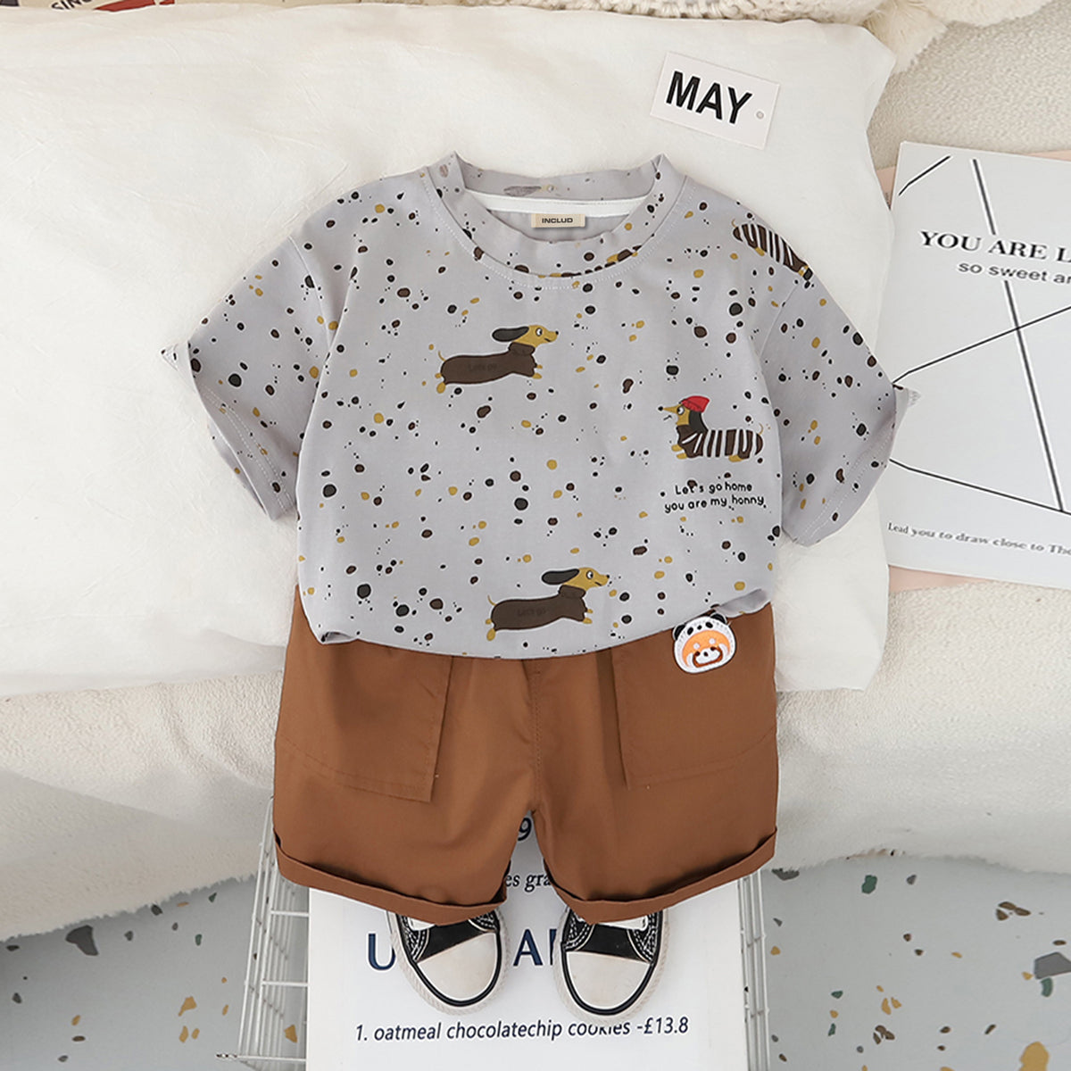 Boys Light Grey Puppy Printed Short Sleeves T-Shirt With Shorts Set 2 pc. Sets Light Grey 1-2 Y