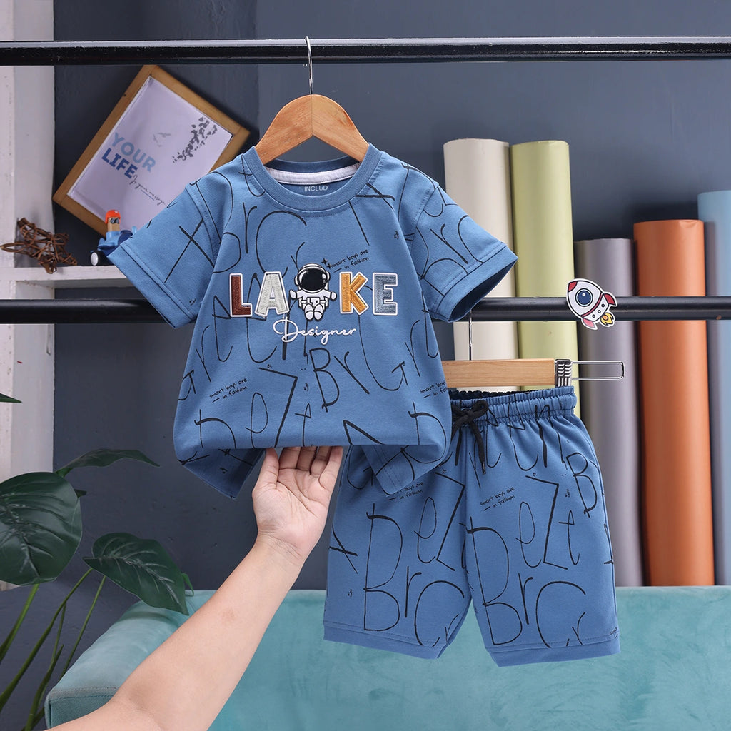 Boys Blue Astronaut Graphic Short Sleeve T-shirt With Drawstring Shorts And Bag Sets Sets