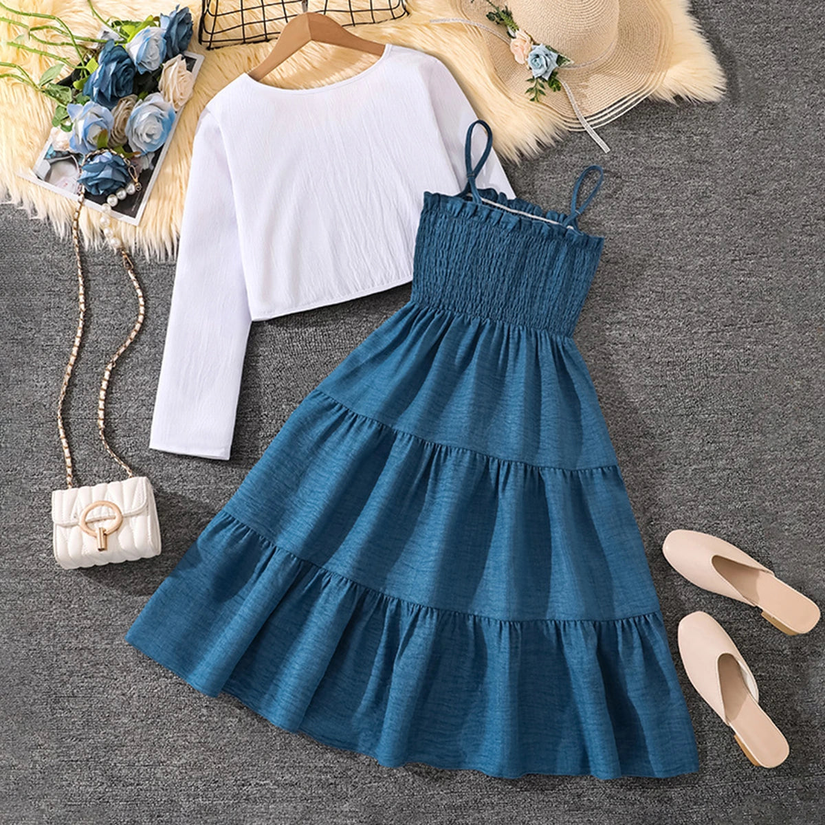 Girls Blue Sleeveless Tiered Dress With Shrug Casual Dresses