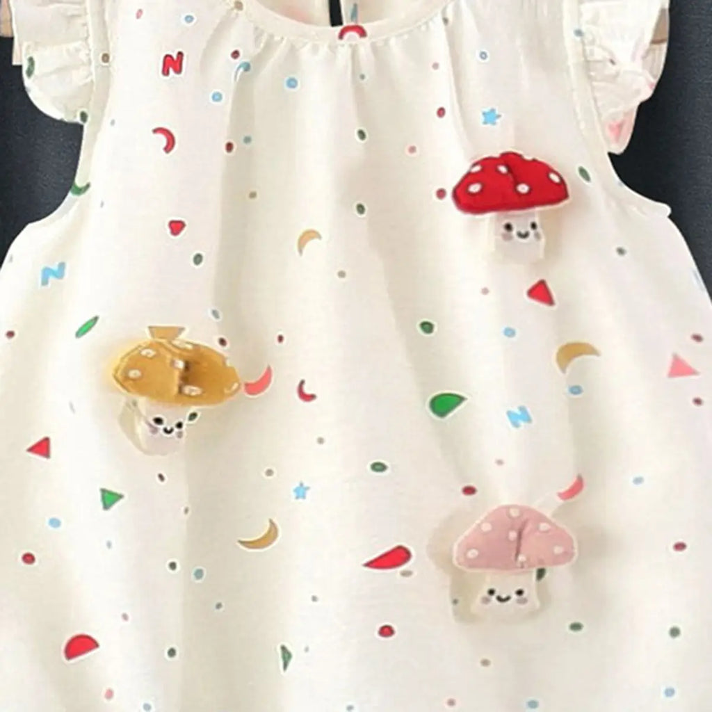 Girls Off White Mushroom Applique Balloon Dress With Star & Moon Print Casual Dresses