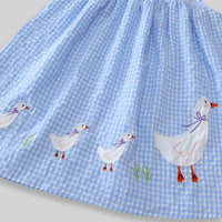 Girls Blue Gingham Checked Sleeveless Fit & Flare Dress With Duck Applique Casual Dresses