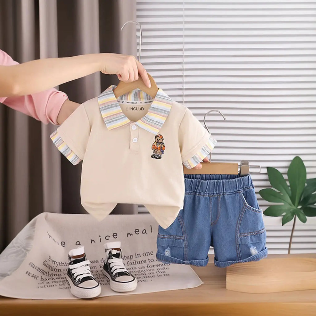 Boys Beige Bear Graphic Polo T-Shirt With Denim Shorts Sets 2 pc. Sets Beige 1-2 Y