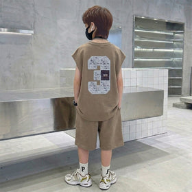Boys Brown Typographic Printed Sleeveless T-Shirt With Elasticated Shorts Sets Sets