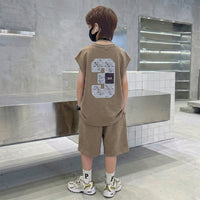 Boys Brown Typographic Printed Sleeveless T-Shirt With Elasticated Shorts Sets Sets