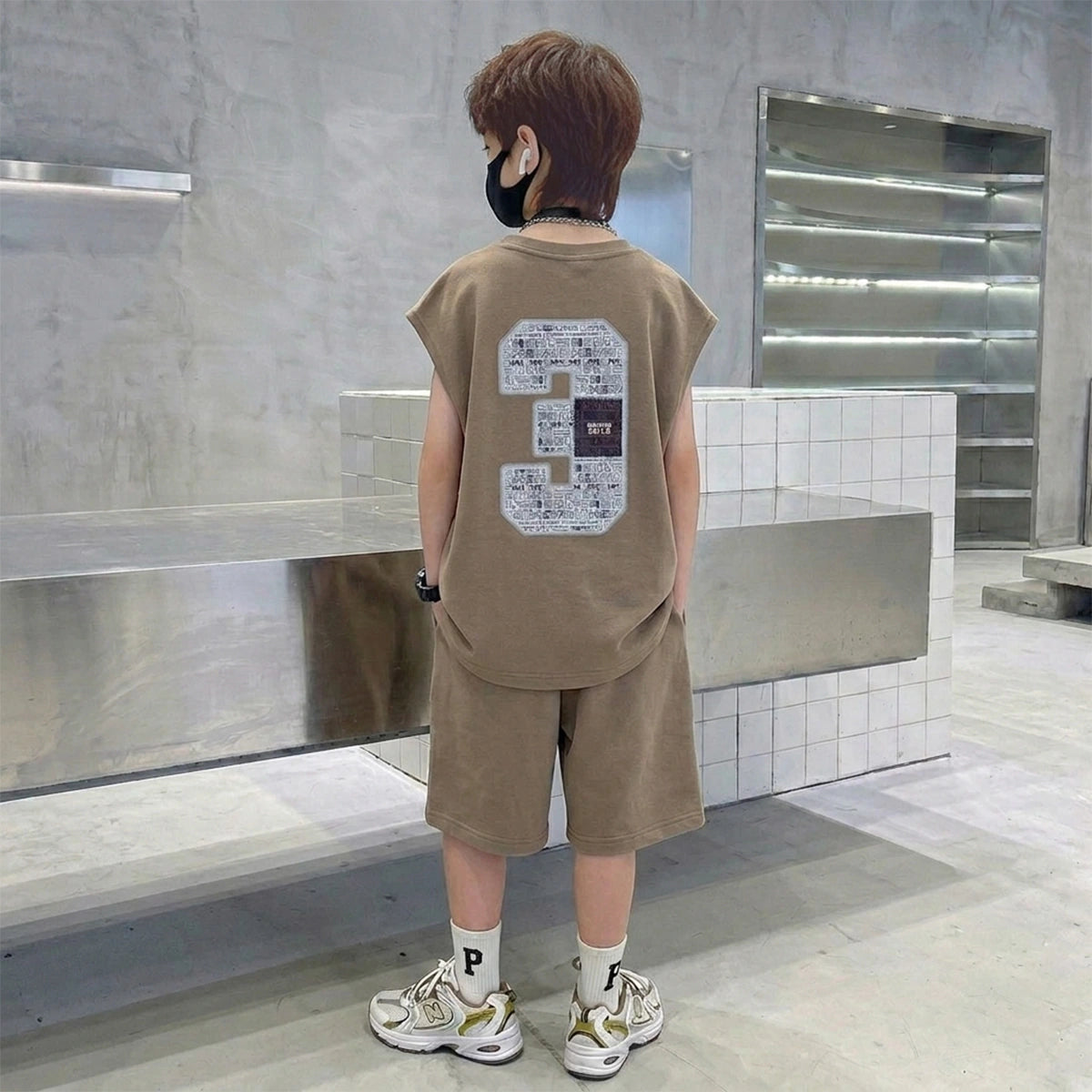 Boys Brown Typographic Printed Sleeveless T-Shirt With Elasticated Shorts Sets Sets