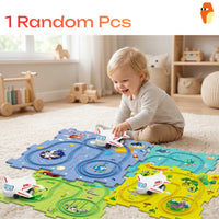 Unisex airplane toy on puzzle track mat with dinosaur and space designs