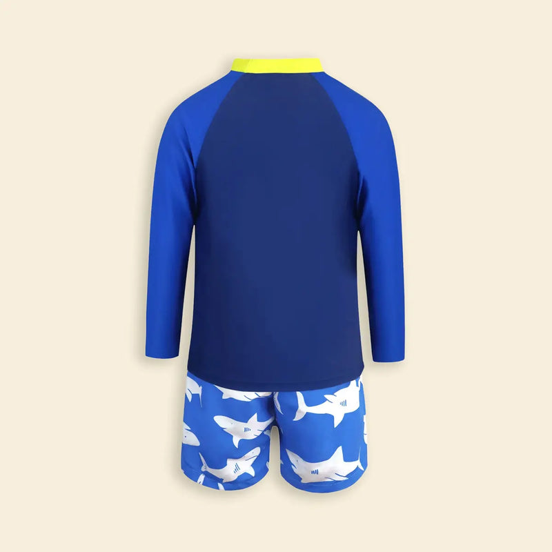 Boys Blue Fish Printed Long Sleeves T-Shirt & Shorts Swimsuit Sets Sets