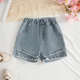 Girls Fuchsia Embellished Big 3D Flower Crop Top With Denim Shorts Set Sets