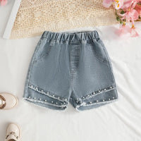 Girls Fuchsia Embellished Big 3D Flower Crop Top With Denim Shorts Set Sets