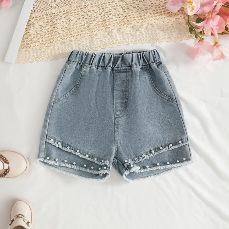 Girls Fuchsia Embellished Big 3D Flower Crop Top With Denim Shorts Set Sets