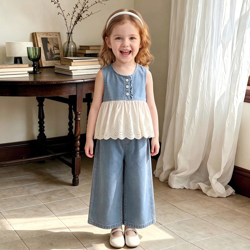 Girls Blue Schiffli Peplum Top With Denim Pants Sets 2 pc. Sets