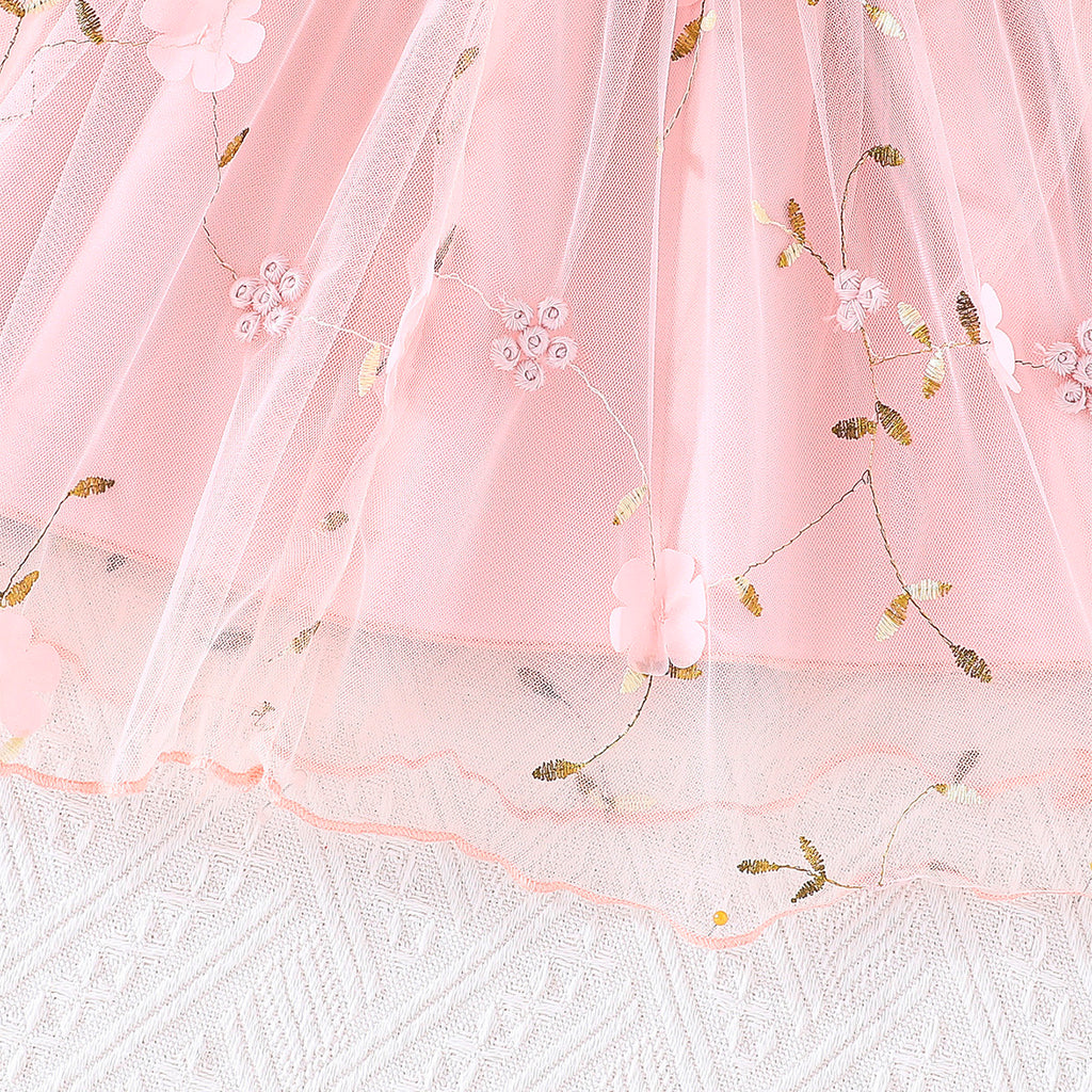 Girls Pink Flower Applique Puff Sleeve Fit & Flare Dress Casual Dresses