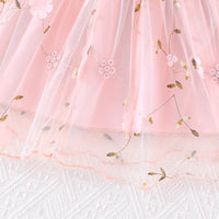 Girls Pink Flower Applique Puff Sleeve Fit & Flare Dress Casual Dresses