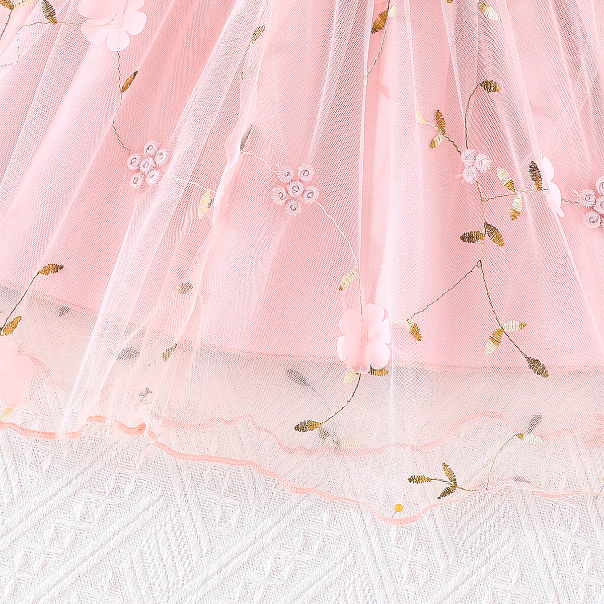 Girls Pink Flower Applique Puff Sleeve Fit & Flare Dress Casual Dresses