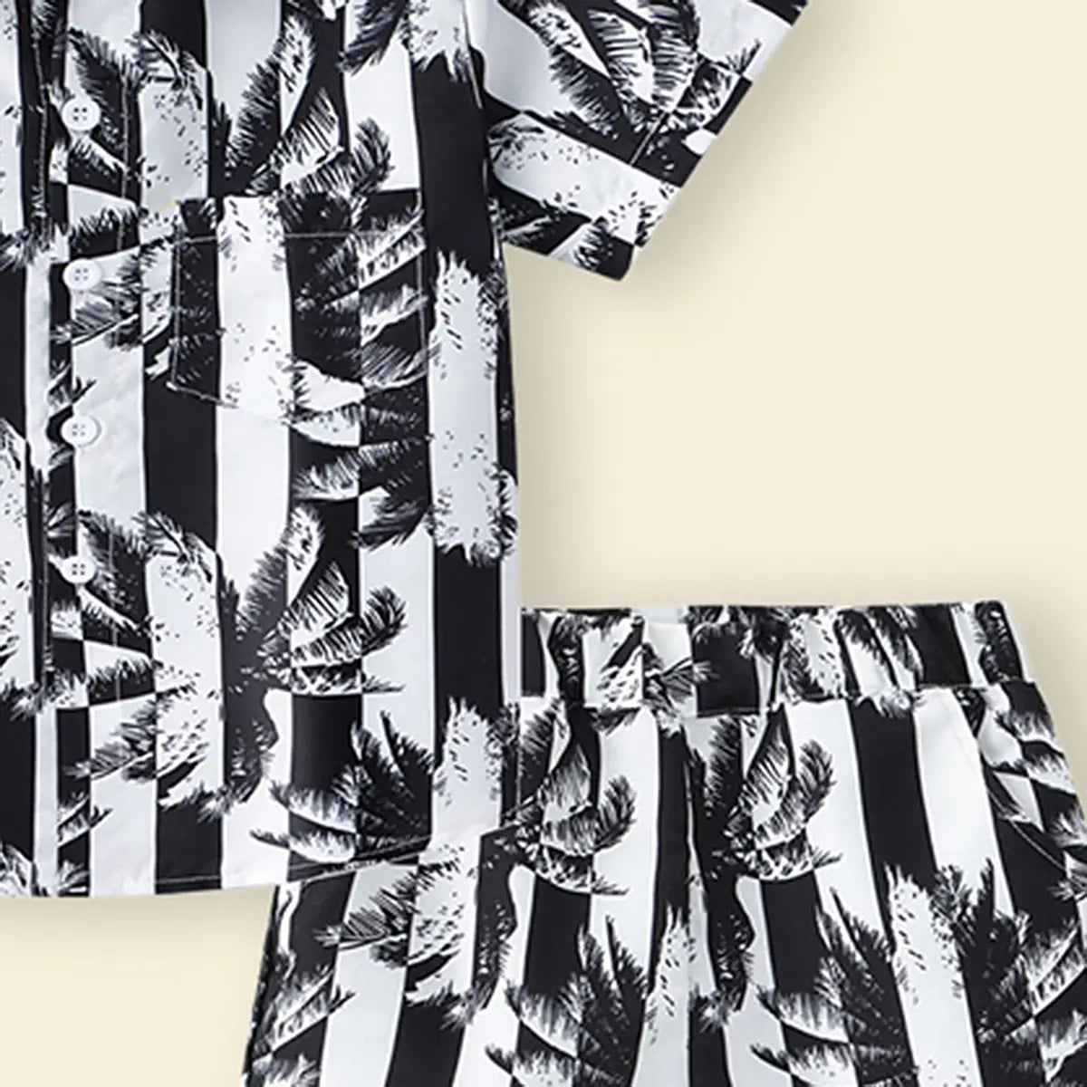 Boys Black Tropical Print Button-Down Shirt With Shorts & Hat Co-ord Sets Sets