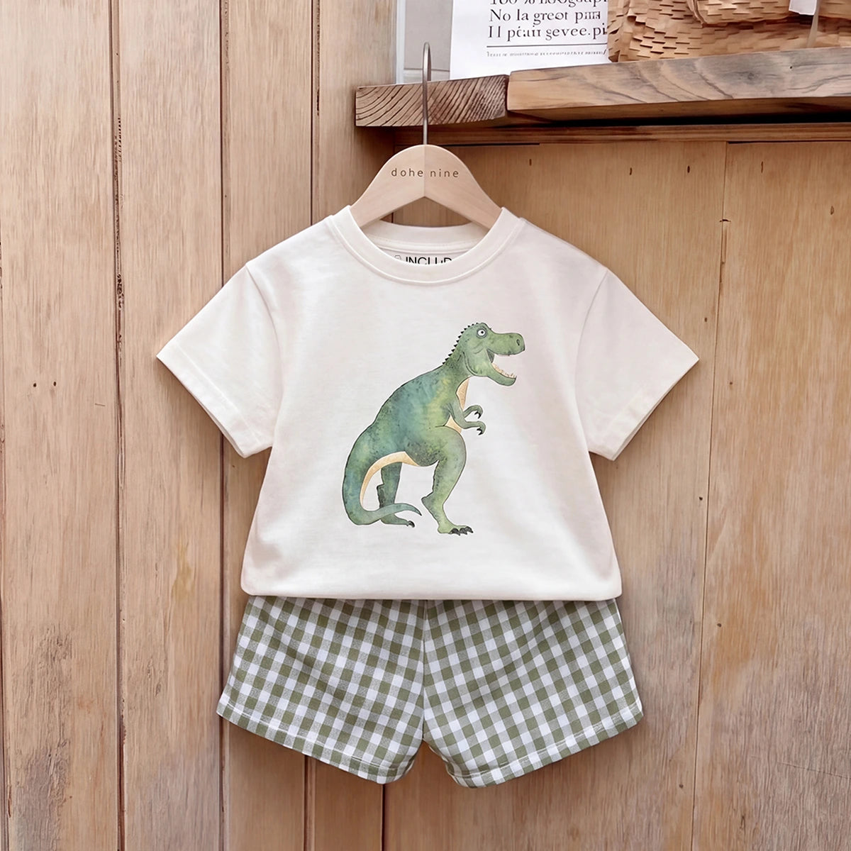 Boys Short Sleeve Dinosaur Print T-Shirt With Green Checked Shorts Sets 2 pc. Sets Green 1-2 Y