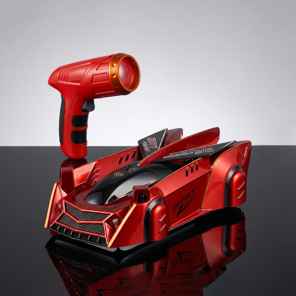 Red laser controlled car toy that defies gravity on walls