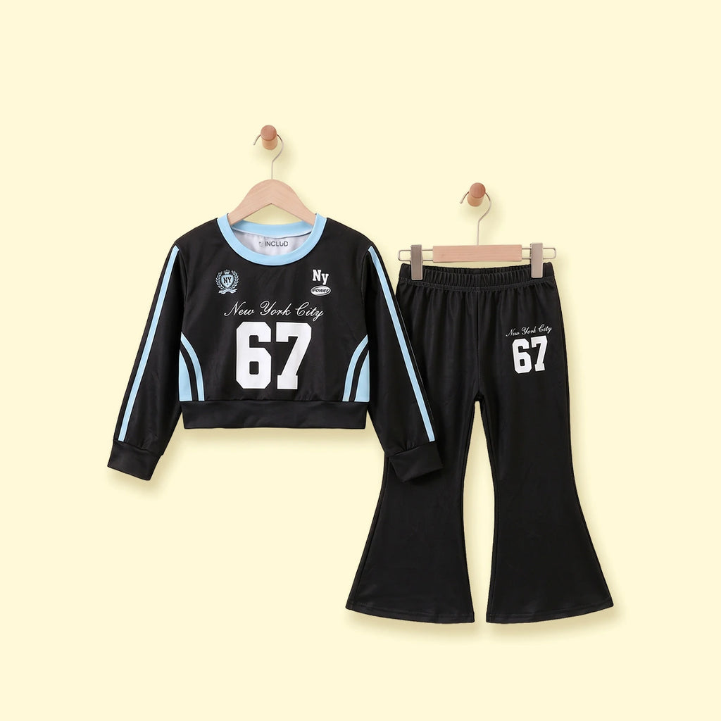 Girls Black Typographic Crop Sweatshirt & Flared Pants Co-ord Sets Sets Black 2-3 Y