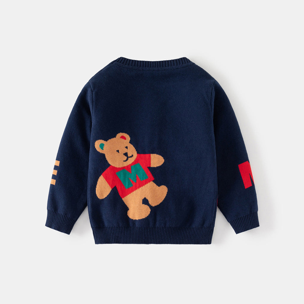 Boys Navy Blue Cardigan With Self Design Alphabet Patterns Sweaters & Cardigans