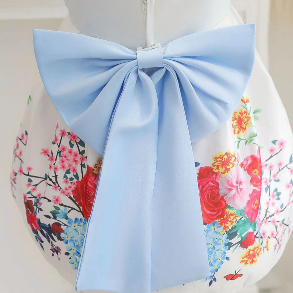 Girls White Floral Print Flutter Sleeve Fit & Flare Party Wear Dress Party Dresses