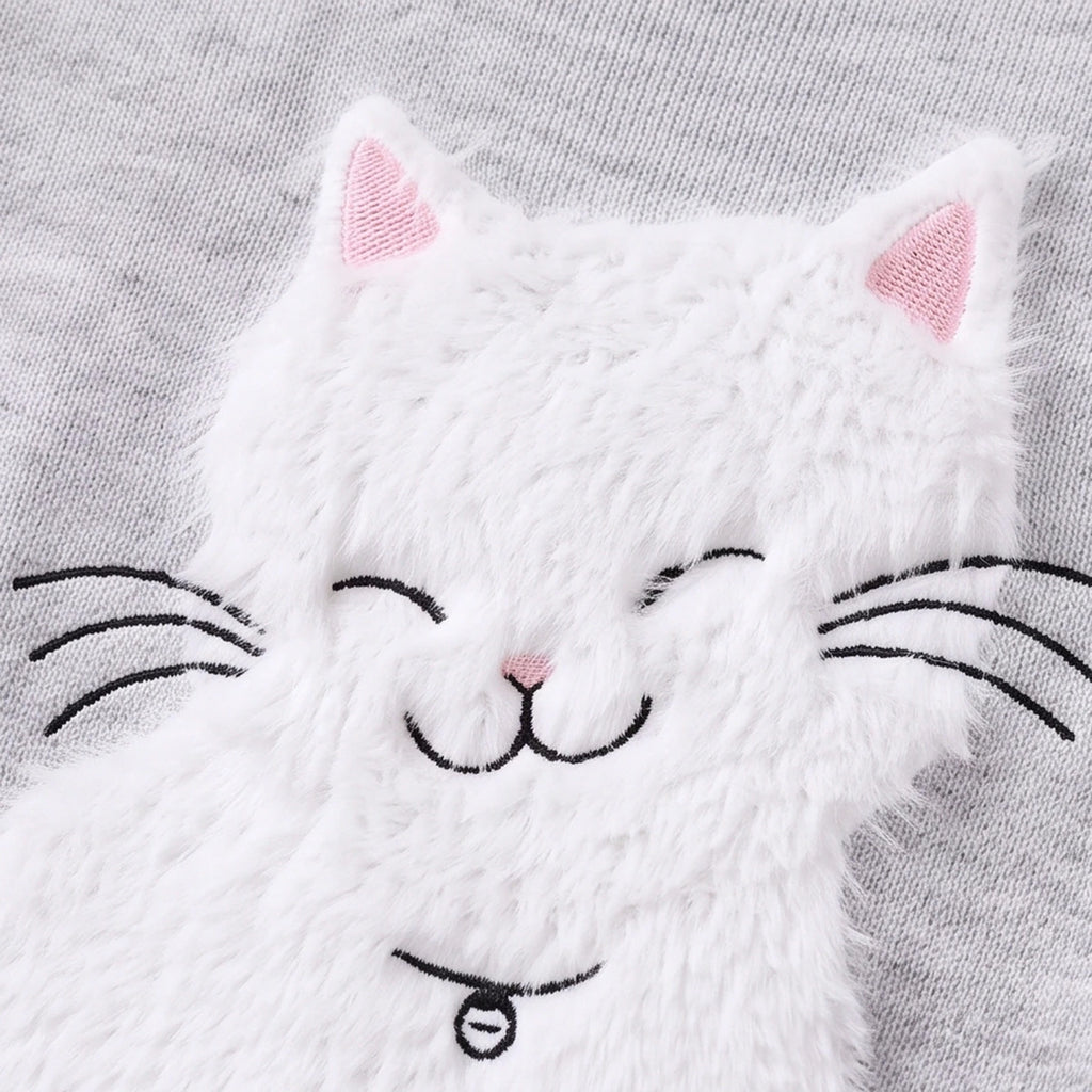 Girls Grey Cat Applique Knitted Sweater Dress Casual Dresses