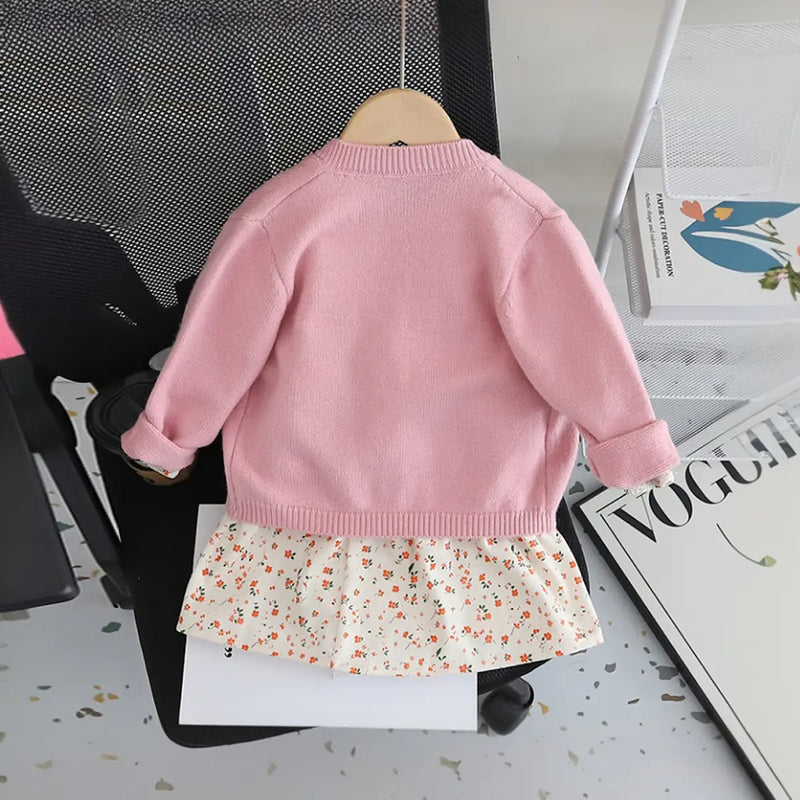 Girls Pink Solid Cardigan With Floral Printed Top Sweaters & Cardigans