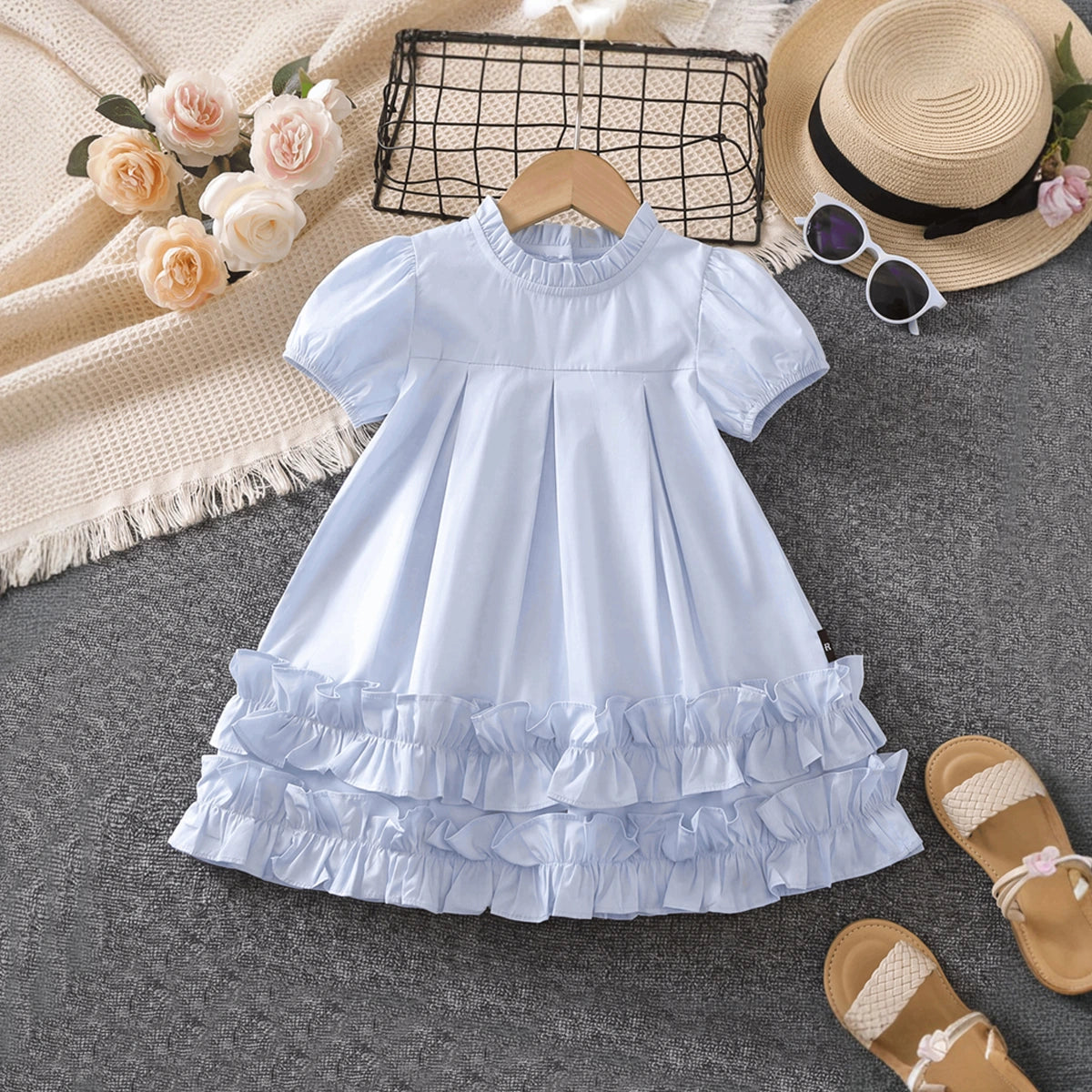 Girls Light Blue High-Neck Frilled Dress with Tiered Ruffle Hem Casual Dresses Light Blue 1-2 Y