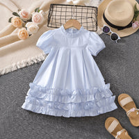 Girls Light Blue High-Neck Frilled Dress with Tiered Ruffle Hem Casual Dresses Light Blue 1-2 Y