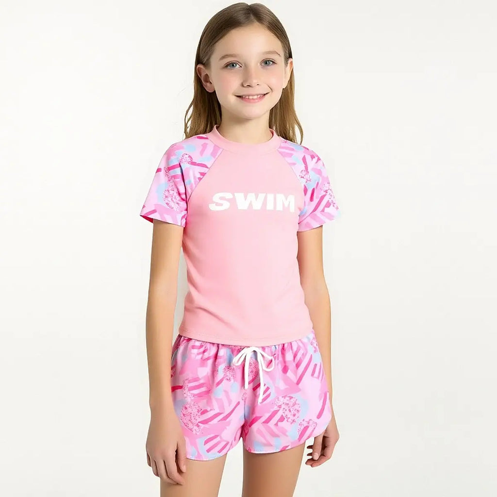 Girls Pink Abstract Printed Long Sleeves T-Shirt & Shorts Swimsuit Sets Sets