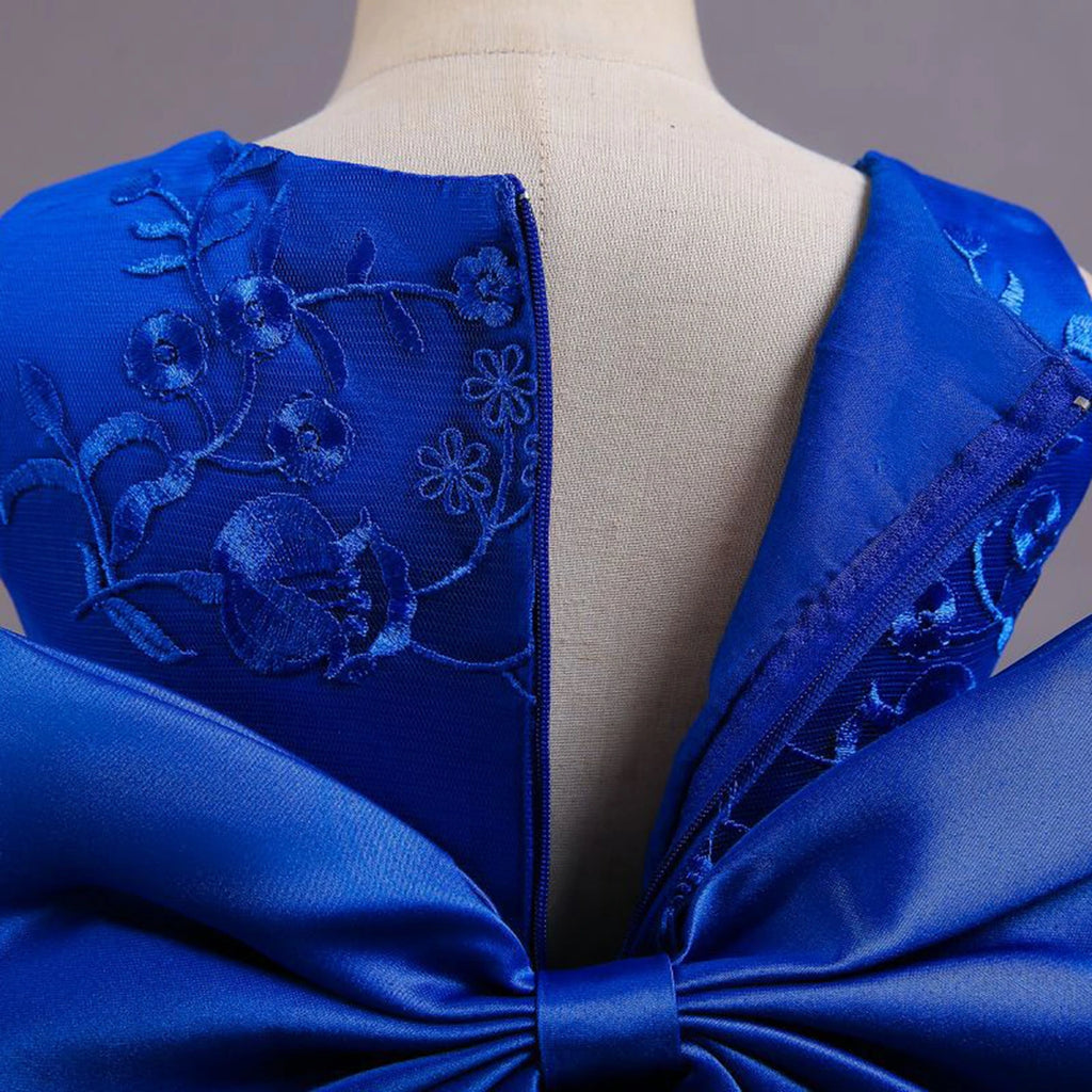 Girls Royal Blue Embroidered Sleeveless Layered Party Dress With Bow Party Dresses