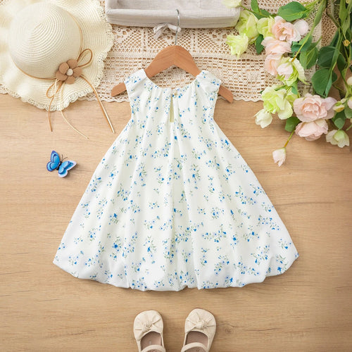 Girls White Floral Sleeveless A-line Dress With Bow Details Casual Dresses