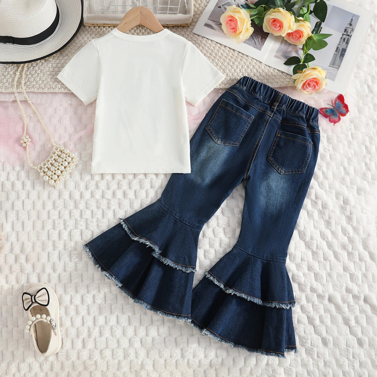 Girls White Butterfly Print Short Sleeves T-Shirt With Pearl Embellished Denim Pants Set Sets
