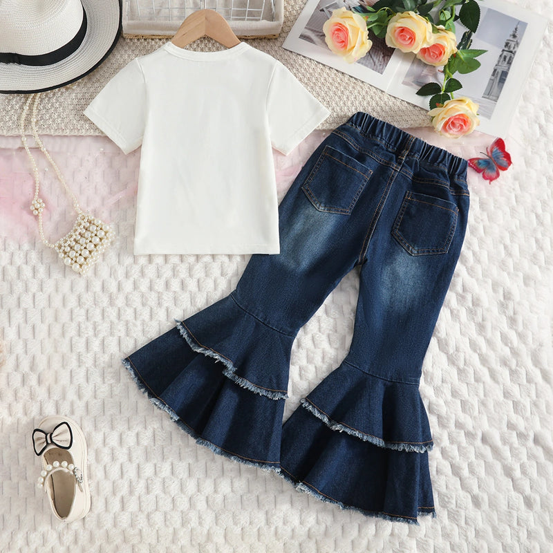 Girls White Butterfly Print Short Sleeves T-Shirt With Pearl Embellished Denim Pants Set Sets