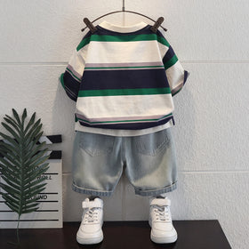 Boys Green Typography print Short Sleeve T-Shirt With Denim Shorts Sets 2 pc. Sets