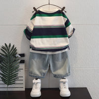 Boys Green Typography print Short Sleeve T-Shirt With Denim Shorts Sets 2 pc. Sets