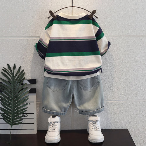 Boys Green Typography print Short Sleeve T-Shirt With Denim Shorts Sets 2 pc. Sets