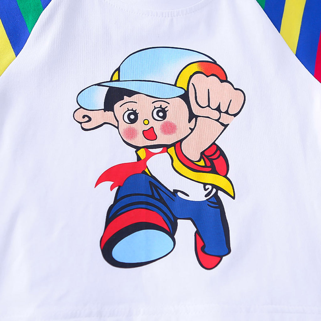 Boys Multicolor Striped Raglan Sleeves Graphic T-Shirt With Shorts Set 2 pc. Sets